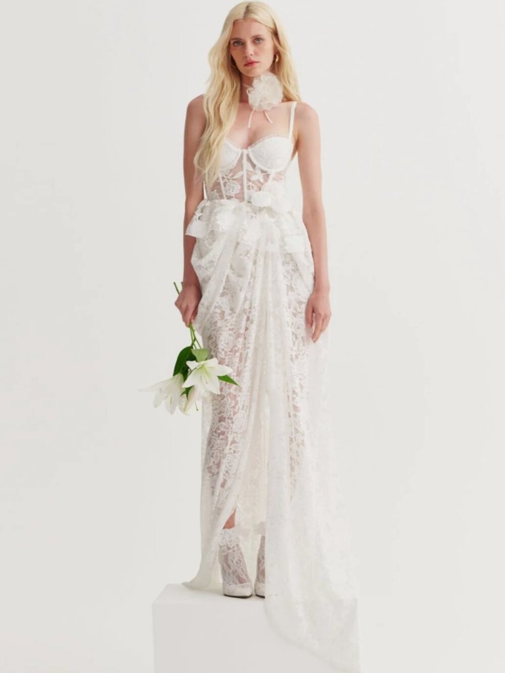 For Love And Lemons White Lace Bridal Gown with Floral Appliqué